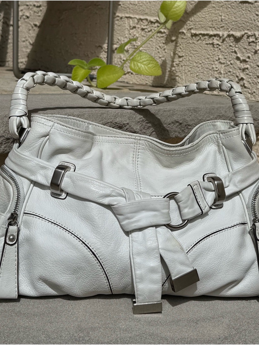 B. Makowsky Cream/White Hobo Bag Braided Handle Leather QVC